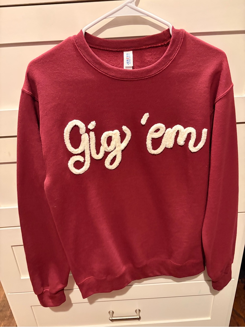 Jerzees Maroon Crewneck Sweater with White Chenille 'Gig 'em' Script